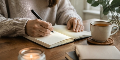 Hands writing in a journal during a personal reflection and healing moment