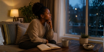 Black parent quietly reflecting with a notebook after a meaningful parenting conversation