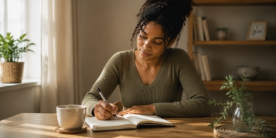 Woman writing in a reflection journal after using anxiety coping strategies