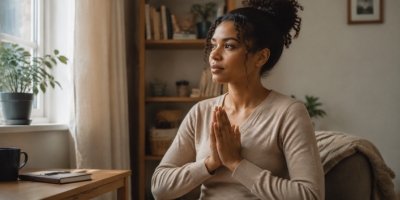Woman using a grounding technique by focusing on her surroundings in a quiet room