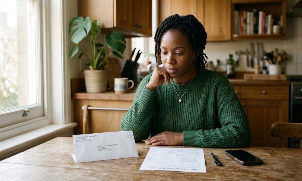 Person reflecting on anxiety triggers while looking at a phone, letter, and documents at home.