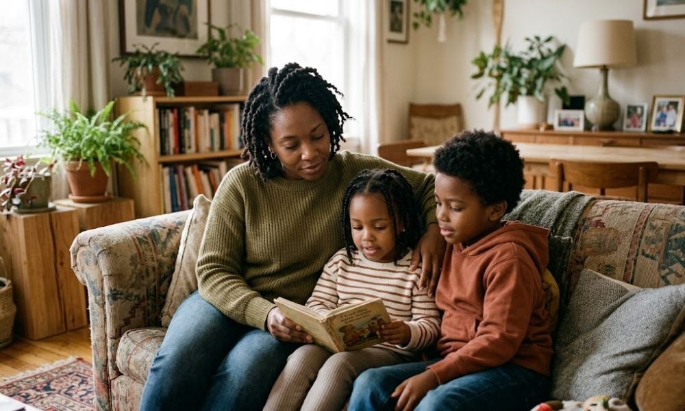 Black parent spending a thoughtful family moment with son and daughter, reflecting connection and protective parenting concerns gendered parenting fears.