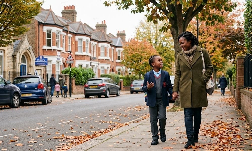 Black child in UK school uniform walking to school with parent while discussing school experiences and support