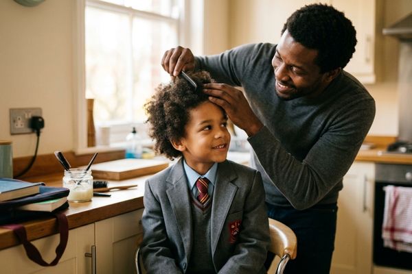 Black parent helping child prepare natural Afro hair before school while celebrating identity