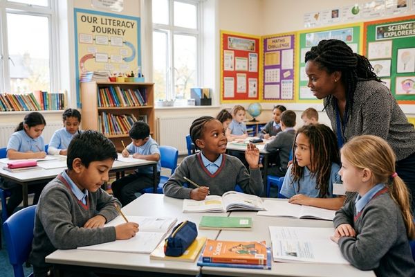 Black child participating confidently in a diverse UK classroom environment