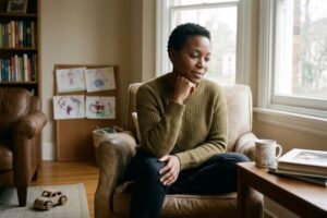 Reflective Black parent thinking about family experiences and inherited parenting fears.