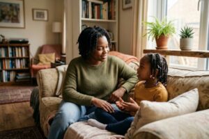 Black parent having a calm conversation with child at home, showing trust and emotional connection.
