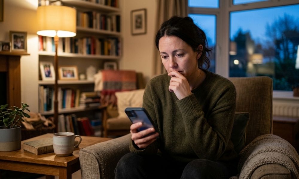 Person sitting at home feeling emotionally affected while viewing difficult news on a phone.