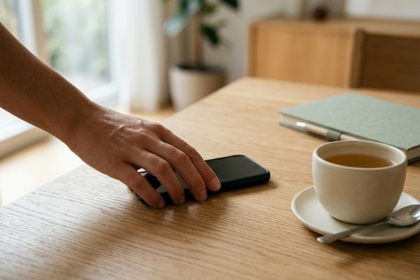 A person placing a phone face-down to take a break from constant news exposure.