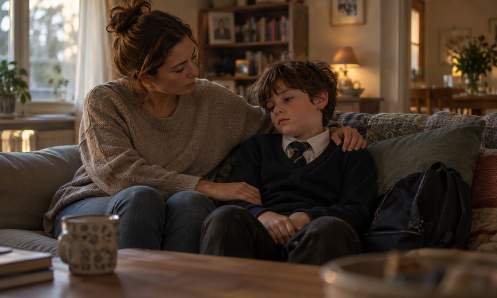 A tired primary-school-age boy sitting with his parent after school, looking thoughtful rather than upset unsupported child at school