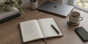 A tidy desk with a fully completed to-do list, closed laptop, and cold cup of tea, suggesting productivity without relief