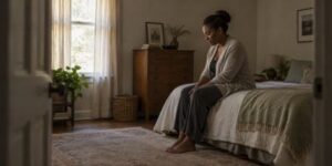 A woman sitting on the edge of a bed in a quiet room, pausing briefly between responsibilities