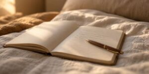 An open notebook with a pen resting on the page, inviting quiet reflection and journaling