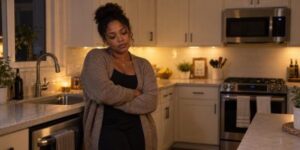 A woman standing quietly in a clean kitchen after finishing everyday tasks, looking tired rather than distressed