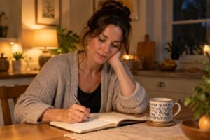 A parent writing reflective notes in a journal after a school meeting, processing their child's experience