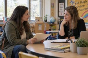 A parent speaking calmly with a teacher during a school meeting, holding documents about their child's needs