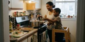 A young Black child on a wooden step stool helping their mother season a meal at a warm, busy kitchen stove at Christmas.