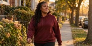 A Black woman in her 40s walking outdoors in golden hour light wearing a relaxed hoodie, looking natural and at ease.