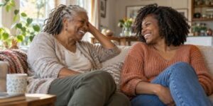 A Black mother in her 60s and her adult daughter laughing together on a sofa in a warm, naturally lit living room.