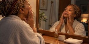 A Black woman in her 40s applying facial oil at her dressing table in a quiet, naturally lit moment of everyday self-care.