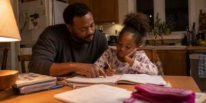A Black father helping his daughter with homework at the kitchen table in the evening