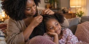 A Black mother gently styling her young daughter's natural hair in a warm everyday moment at home