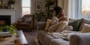 A Black mother sitting alone on the sofa with a mug, looking out the window in quiet reflection