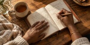 A Black woman writing in a journal beside a cup of tea, reflecting on her parenting journey