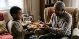A young Black child carefully offering a loaded dinner plate to an elderly family member seated in an armchair.