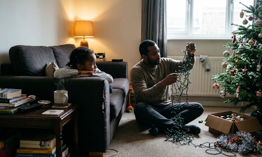 A young Black girl resting her chin on her arms behind a sofa, watching her father untangle a knot of Christmas lights in an everyday living room Christmas Memories Children Remember.