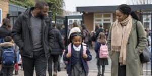 Two co-parents standing near each other at the school gate, both focused on their child walking between them