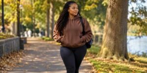 A Black woman wearing a confident protective hairstyle and casual hoodie in a relaxed outdoor setting