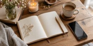 Open journal with pen beside phone in calm setting, inviting reflection