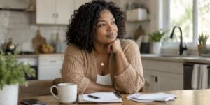 Woman sitting thoughtfully at kitchen table with household papers, calm and reflective