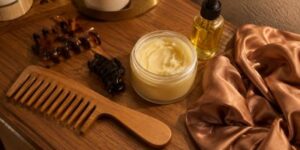 A wide-tooth comb, hair clips and natural hair products arranged simply on a surface, focused on texture