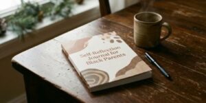 The Self-Reflection Journal for Black Parents by Samanthia Clarke resting on a wooden table beside a ceramic mug and a pen.